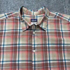 Patagonia Fezzman Shirt Men 2XL Beige Brown Red Blue Short Sleeve Performance